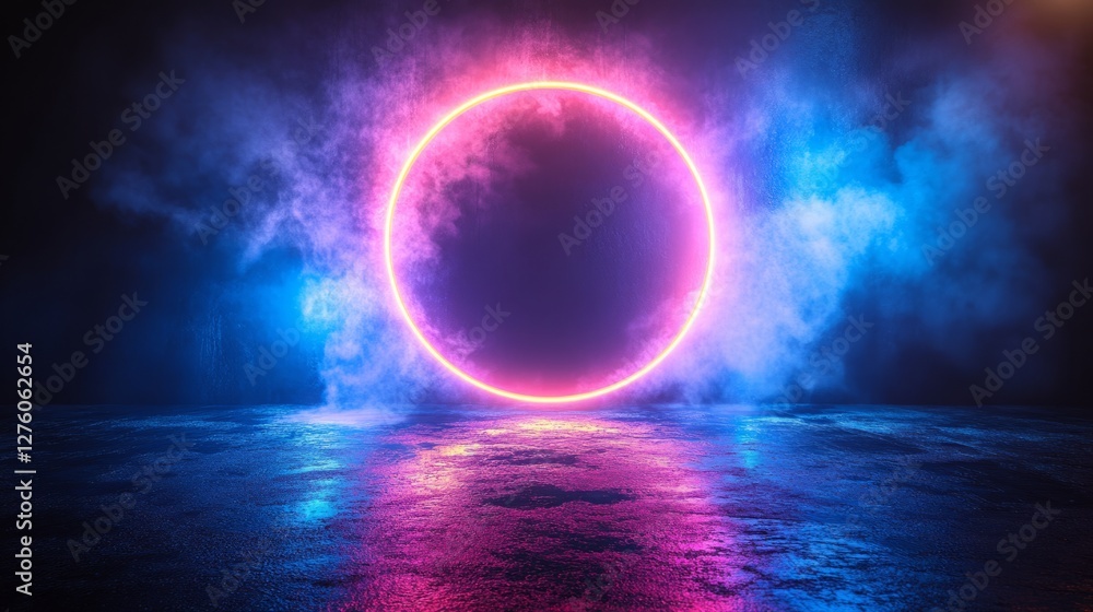 Abstract minimalist blue geometric background. Bright light. Round shape glowing in the dark. A glowing ring illuminated with the neon light. Geometric shape, blank round frame Abstract minimalist blue geometric background. Bright light. Round shape glowing in the dark. A glowing ring illuminated with the neon light. Geometric shape, blank round frame