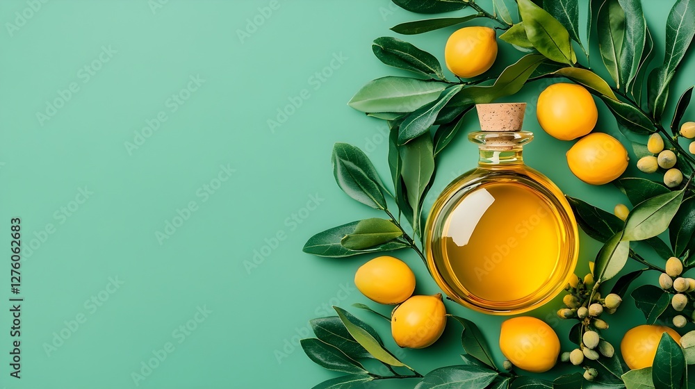A delicate glass container filled with rich golden Tamanu oil, elegantly surrounded by fresh Tamanu fruits and leaves, captured in soft natural lighting for a high-end botanical skincare composition.