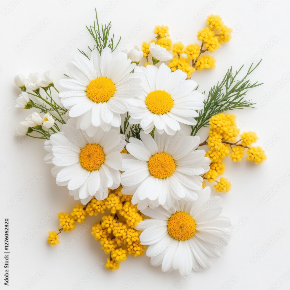 Obraz premium Delicate white daisies and vibrant yellow flowers create cheerful arrangement, perfect for brightening any space. This elegant floral display evokes feelings of joy and freshness