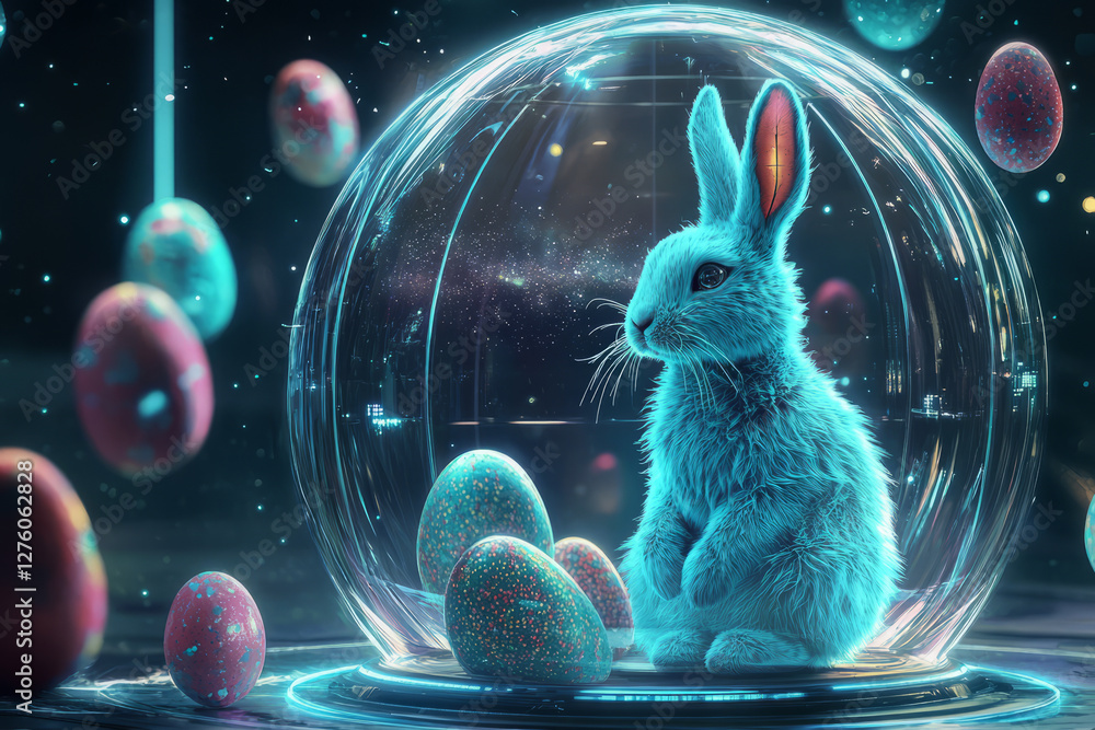 A digital art-style Easter Bunny with sleek, glowing blue fur, sitting inside a futuristic glass dome filled with levitating Easter eggs.