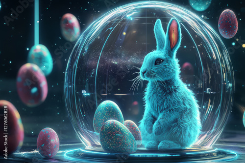 Obraz na płótnie A digital art-style Easter Bunny with sleek, glowing blue fur, sitting inside a futuristic glass dome filled with levitating Easter eggs. w salonie