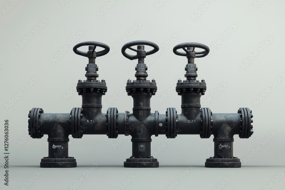 Industrial valves aligned horizontally with large handwheels. Industrial valves aligned horizontally with large handwheels.