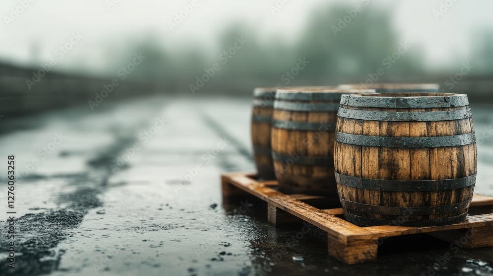 Weathered whisky barrels on wooden pallet in rainy landscape Weathered whisky barrels on wooden pallet in rainy landscape