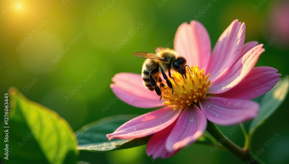 Bee collecting nectar from Robusta coffee blossom in morning dew, green leaves, insects Bee collecting nectar from Robusta coffee blossom in morning dew, green leaves, insects