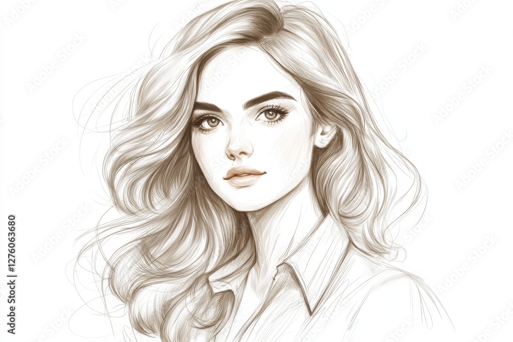 Detailed sketch of a young woman with long, flowing hair and expressive features