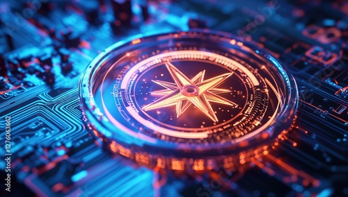 Wallpaper Mural Digital Compass Guides Navigation on Futuristic Circuit Board, Illuminating Technological Advancement Torontodigital.ca