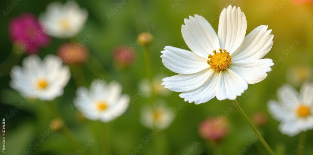 Cosmos bipinnatus in full bloom with yellow and white hues, blooming, colorful flowers Cosmos bipinnatus in full bloom with yellow and white hues, blooming, colorful flowers