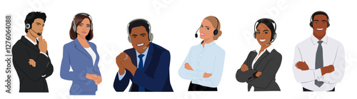 Call center, customer service flat vector illustrations. Smiling office workers with headsets cartoon characters. Hotline support department staff, telemarketing agents. Multiethnic, diverse team.