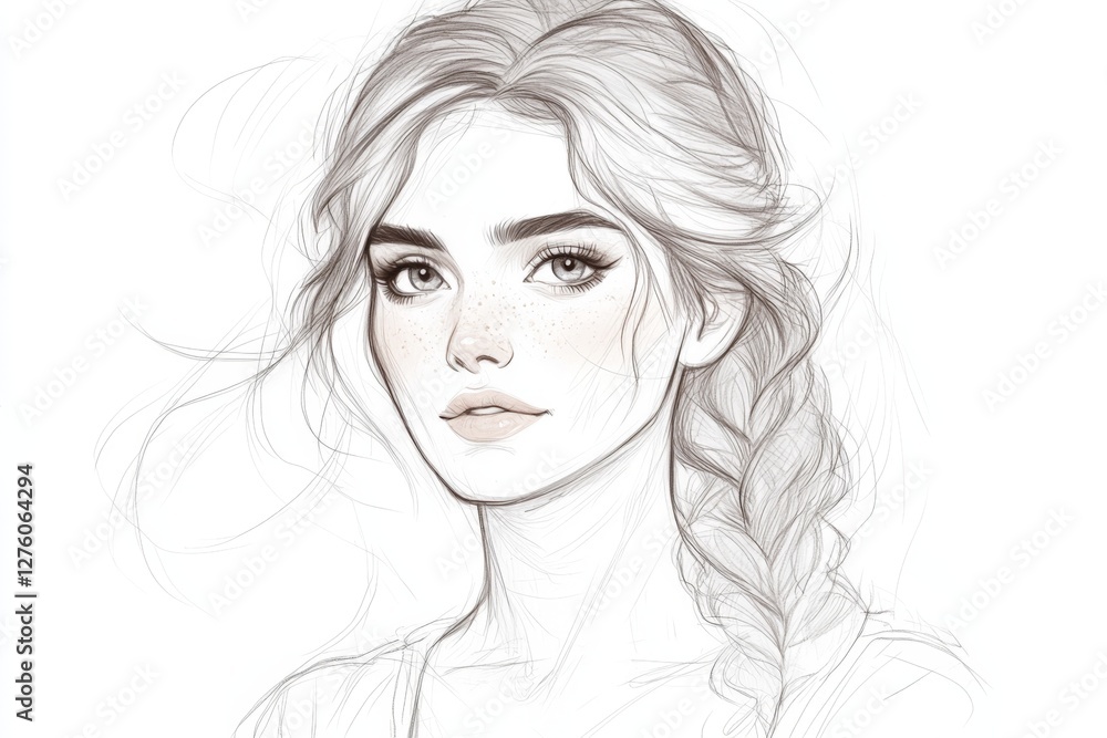 Elegant sketch of a young woman with braided hair and soft features in a minimalist style Elegant sketch of a young woman with braided hair and soft features in a minimalist style