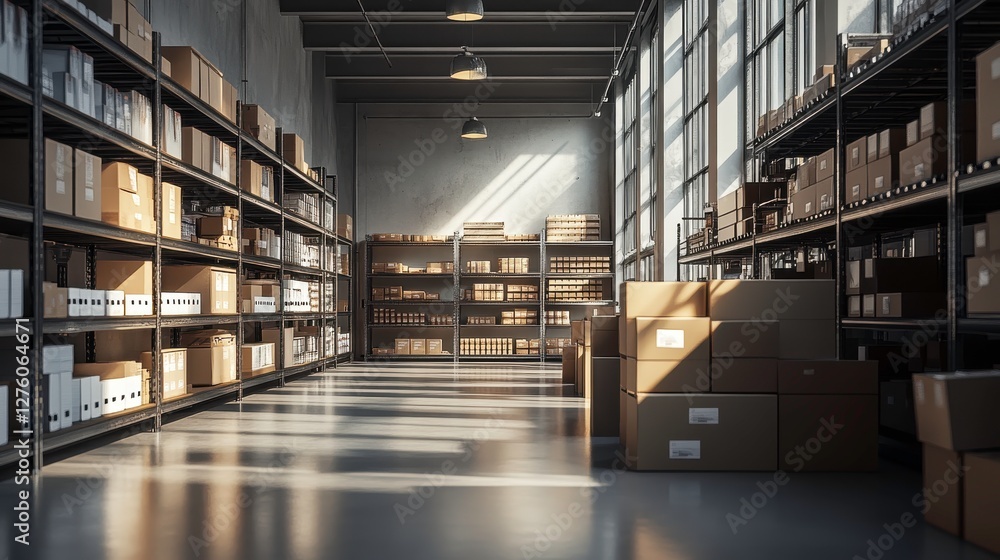 A well-organized warehouse interior with neatly stacked boxes and shelves, illuminated by sunlight streaming through large windows. A well-organized warehouse interior with neatly stacked boxes and shelves, illuminated by sunlight streaming through large windows.