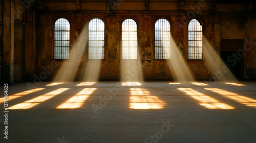 Sunlight filtering through factory windows, dust particles dancing, revealing haunting industrial decay with golden, ethereal luminosity photo