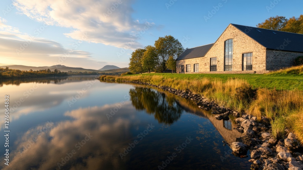 Serene speyside distillery by scenic lake at sunset Serene speyside distillery by scenic lake at sunset