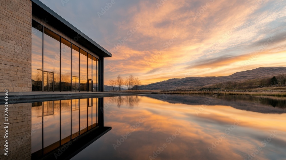 Scenic speyside distillery at sunset with dramatic reflections in tranquil water Scenic speyside distillery at sunset with dramatic reflections in tranquil water