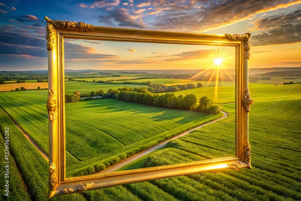 Fototapeta premium Aerial View Golden Frame Over Lush Green Landscape - Drone Photography