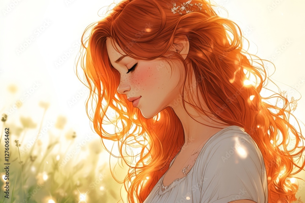 Girl with flowing red hair enjoying a serene moment in a sunlit meadow surrounded by blooming flowers