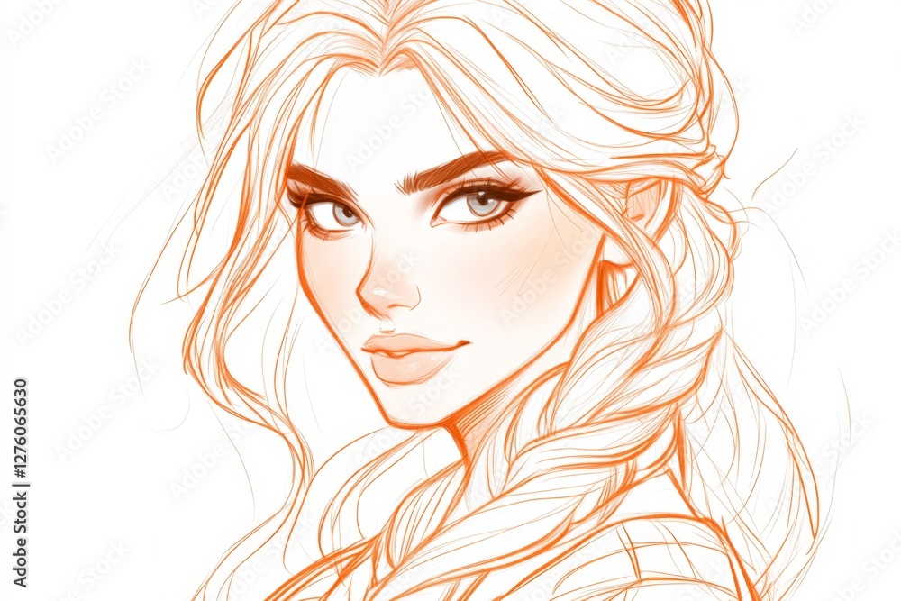 Character sketch of a young woman with braided hair showcasing intricate details and expressive features in a minimalist style Character sketch of a young woman with braided hair showcasing intricate details and expressive features in a minimalist style