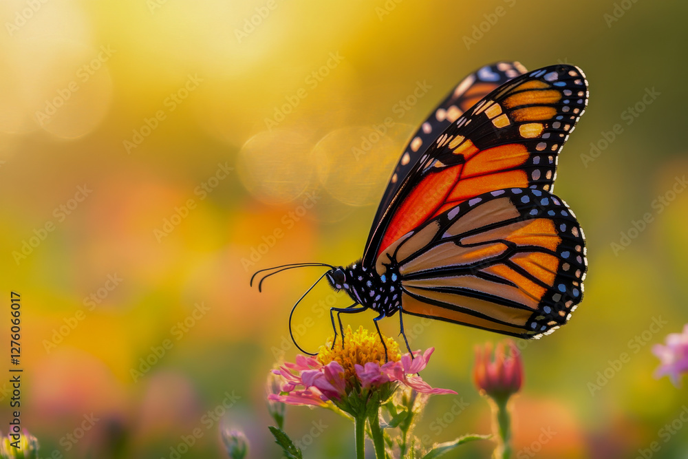 Fototapeta premium A stunning hyper-realistic monarch butterfly resting on a flower, with soft golden bokeh in the background