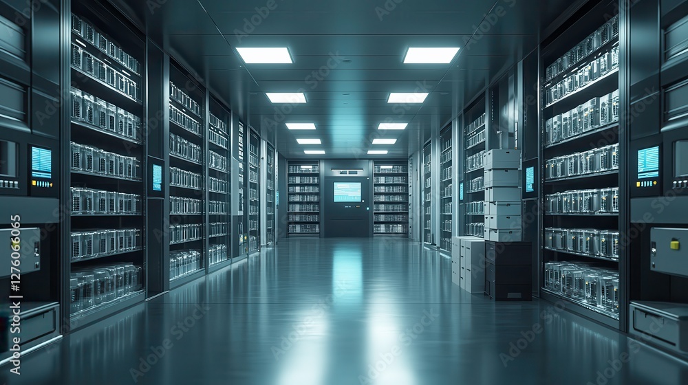 Fototapeta premium A modern data center featuring rows of servers, illuminated by overhead lights, showcasing a clean and organized technological environment.