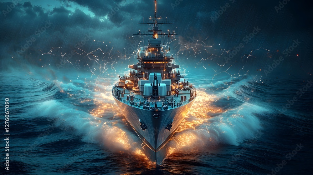 Obraz premium A Captivating Digital Rendering of a Naval Ship Showcasing Innovative Design Features with Technical Overlays