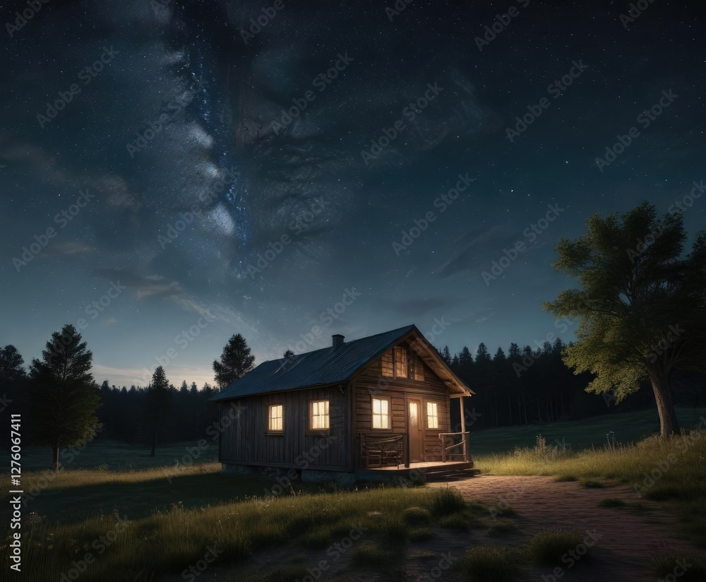 Starry sky above a secluded cabin in the countryside, sky, rural Starry sky above a secluded cabin in the countryside, sky, rural