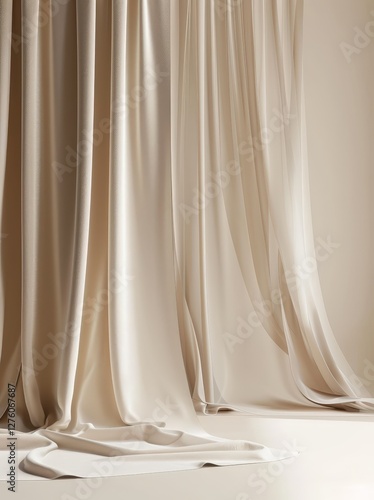 Elegant cream fabric curtains draped against a light wall creating a soft. minimalist backdrop