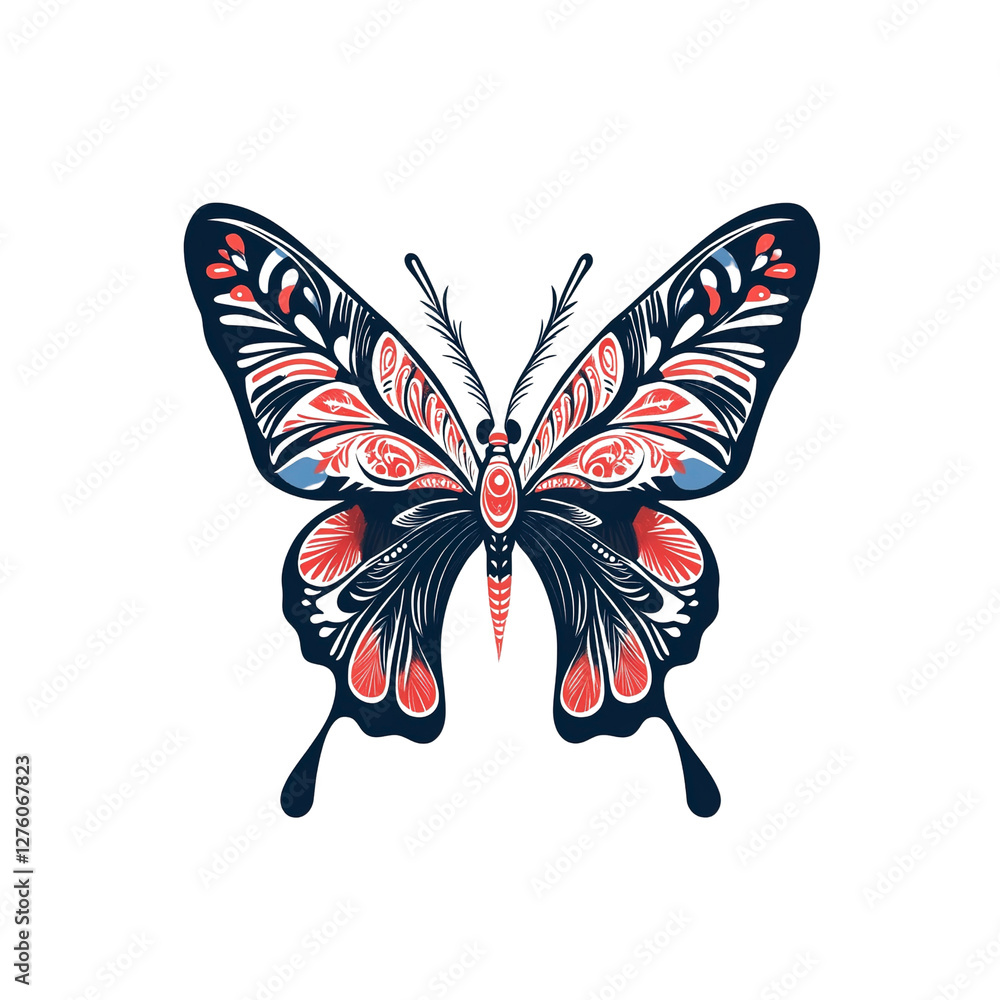 Ornate Dark Blue and Coral Butterfly Design Ornate Dark Blue and Coral Butterfly Design