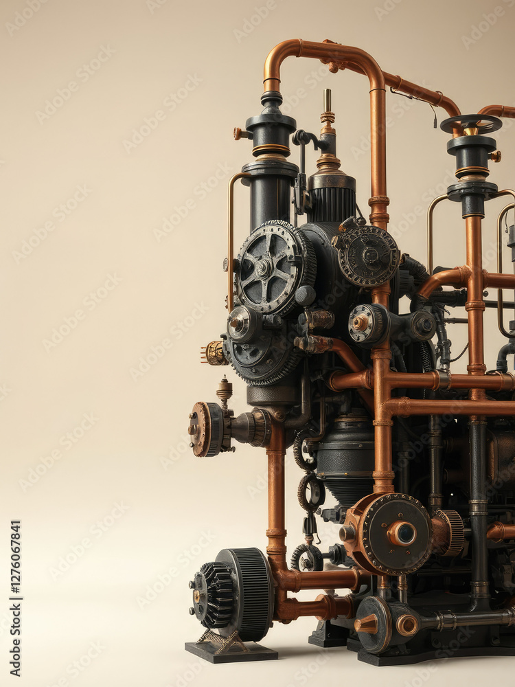 Fototapeta premium Steampunk-style gear system with copper pipes and valves, gear system, pipe, engineering, machinery