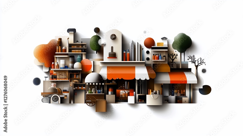 Fototapeta premium Vibrant Market Street: A Whimsical Illustration of a Bustling Marketplace