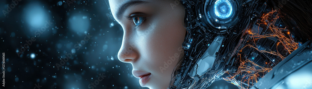Fototapeta premium biomechanical humanoid with cybernetic features and glowing elements