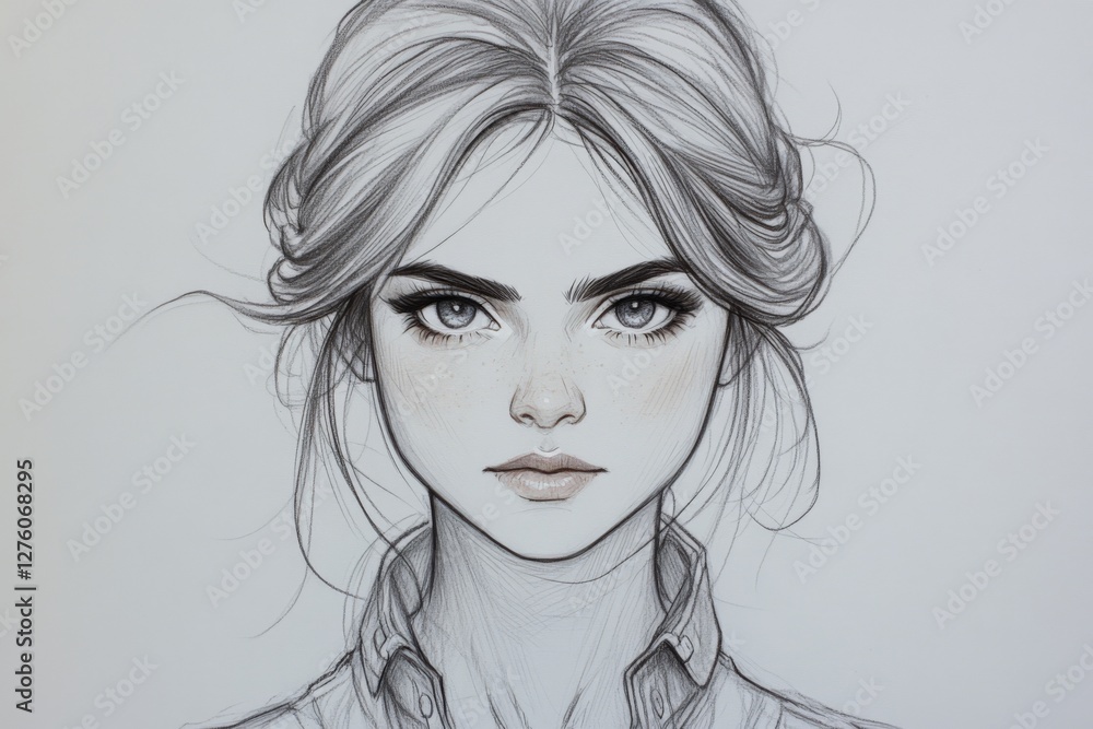 Portrait of a young woman with detailed features and a calm expression, showcasing pencil sketching technique Portrait of a young woman with detailed features and a calm expression, showcasing pencil sketching technique