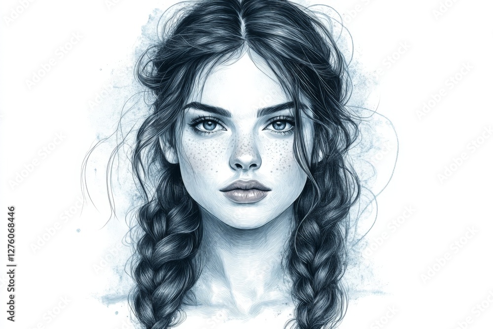 Fototapeta premium Young woman with braided hair and freckles expressing calmness in a soft illustration style