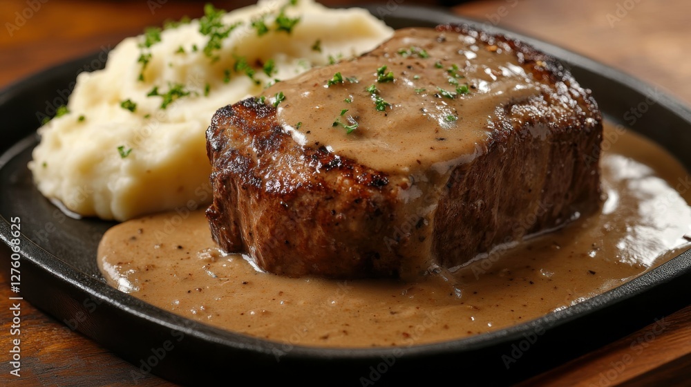 Cubed Steak and Gravy: Southern Comfort Food with Mashed Potato and Breaded Beef Cubed Steak and Gravy: Southern Comfort Food with Mashed Potato and Breaded Beef
