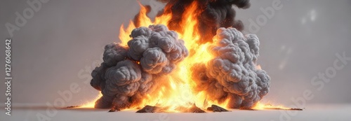 Sudden dark cloud erupts with bright flames on a pristine white background , embers, incendiary