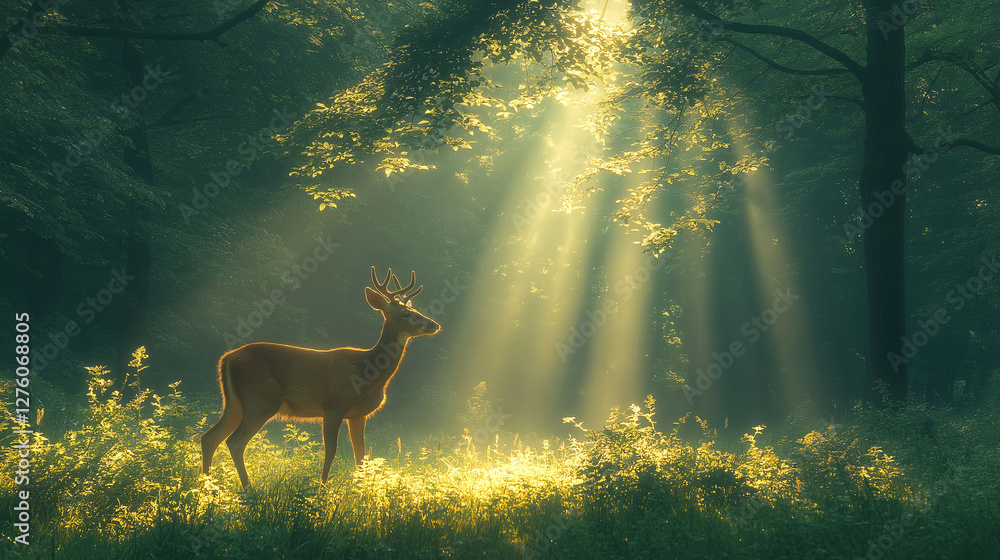 Fototapeta premium Majestic Deer in Sunlit Forest