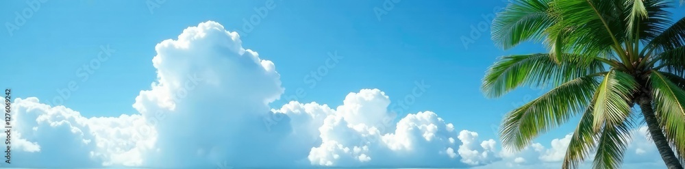 Fluffy white clouds gather under bright blue sky with swaying coconut leaves, , serene atmosphere Fluffy white clouds gather under bright blue sky with swaying coconut leaves, , serene atmosphere
