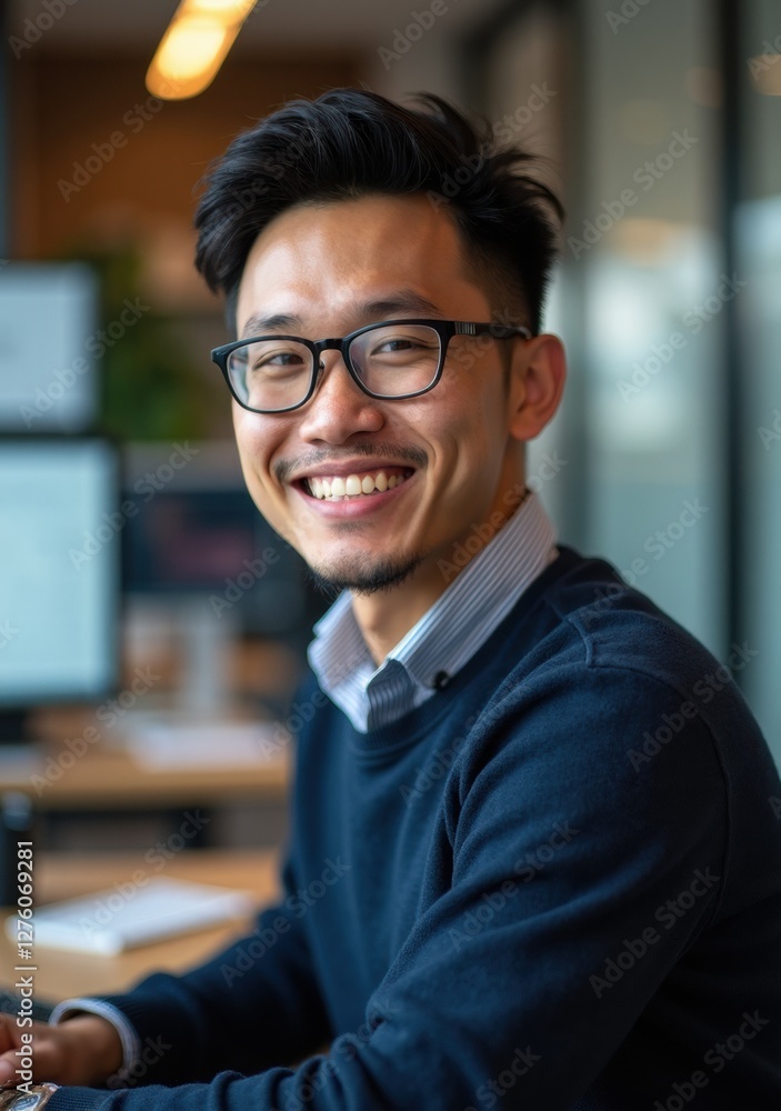 Fototapeta premium Young professional smiling while working in a modern office environment