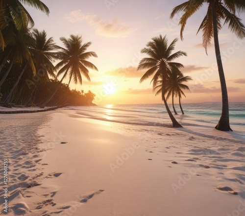 Sunset on a white sandy beach with palm trees, warm light, colorful sunset, sky above