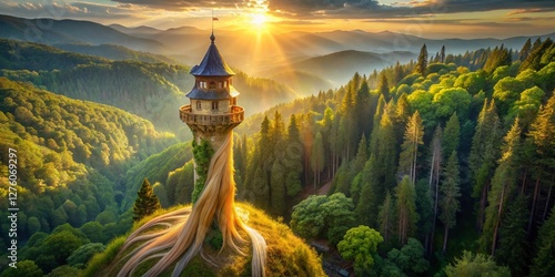 Aerial View of Fairytale Tower with Long Hair Streaming Down, Magical Forest Drone Shot