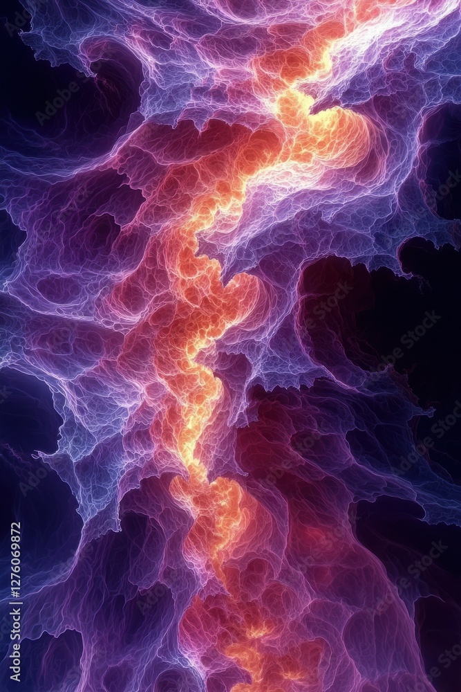 Colorful abstract representation of cosmic energy swirling in dark space with vibrant hues of orange and purple Colorful abstract representation of cosmic energy swirling in dark space with vibrant hues of orange and purple