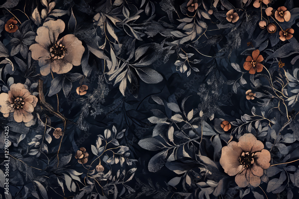 Fototapeta premium A high-contrast botanical pattern with dark, moody florals and intricate vine-like structures. Vintage and gothic-inspired.