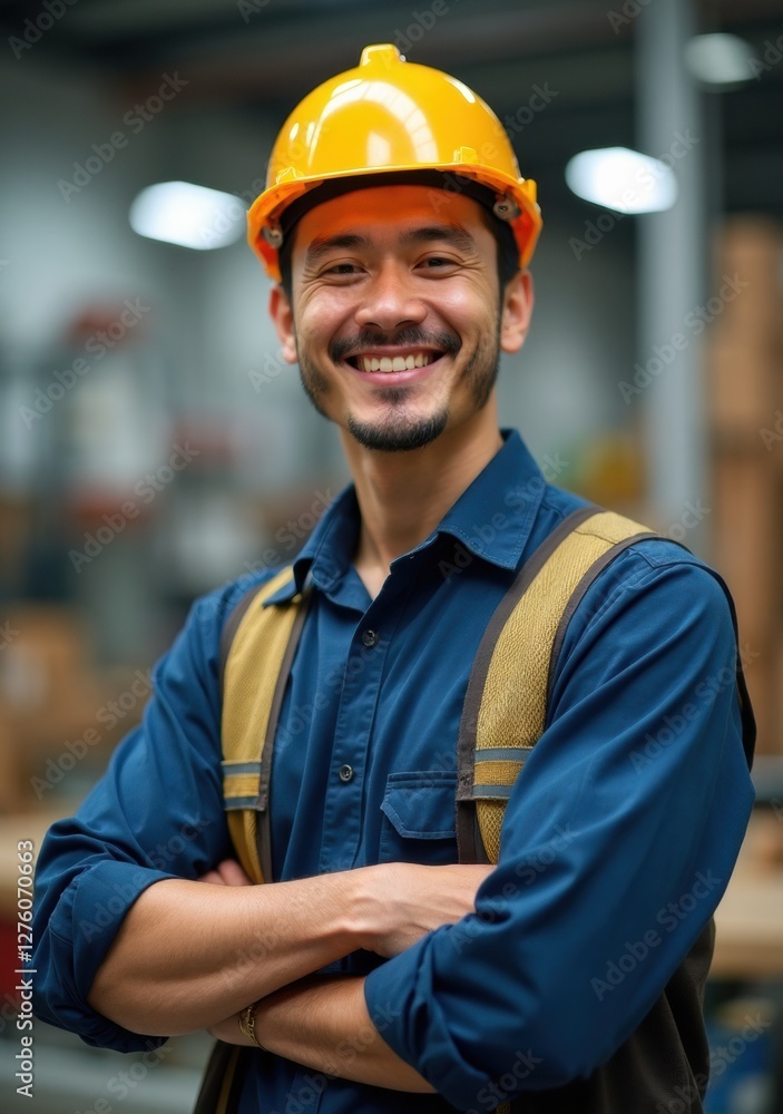 Construction worker smiling in safety gear at a job site during the day Construction worker smiling in safety gear at a job site during the day