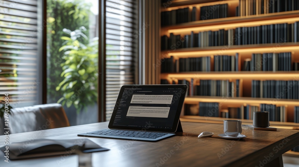 A modern workspace featuring a tablet on a wooden desk, surrounded by bookshelves and natural light from large windows.