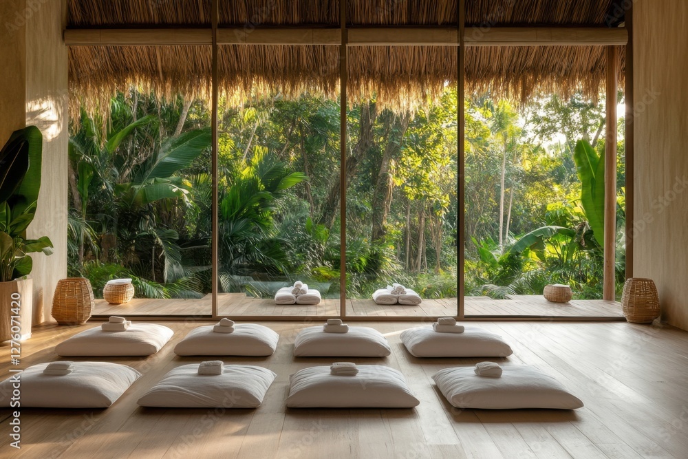Fototapeta premium Digital detox retreat wellness resort tropical forest healing space serene environment tranquil view embracing nature for a rejuvenating experience