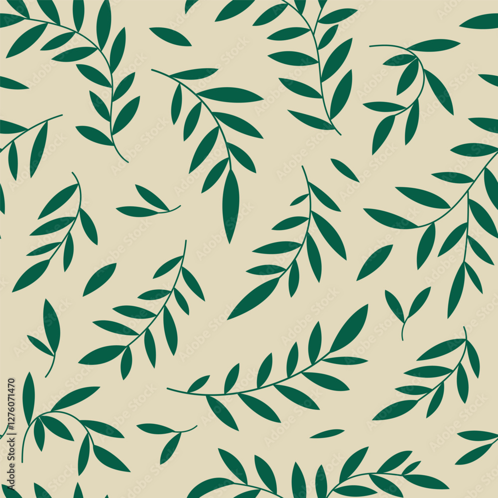 Seamless botanical pattern, abstract nature ornament leaves silhouettes. Simple floral surface design hand drawn small foliage, green branches on a beige background. Vector illustration in two colors Seamless botanical pattern, abstract nature ornament leaves silhouettes. Simple floral surface design hand drawn small foliage, green branches on a beige background. Vector illustration in two colors
