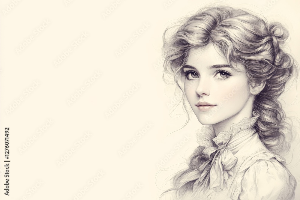 Young woman with long braided hair gazing softly, showcasing delicate features in a muted artistic style Young woman with long braided hair gazing softly, showcasing delicate features in a muted artistic style