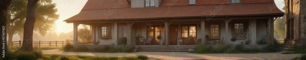 Fototapeta premium The gentle light of sunrise illuminates the rustic details of a charming farmhouse, revealing its character and charm , sun rise, peaceful morning
