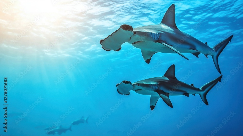 Fototapeta premium Two hammerhead sharks swim gracefully in a turquoise ocean, illuminated by sunlight filtering through the water's surface.