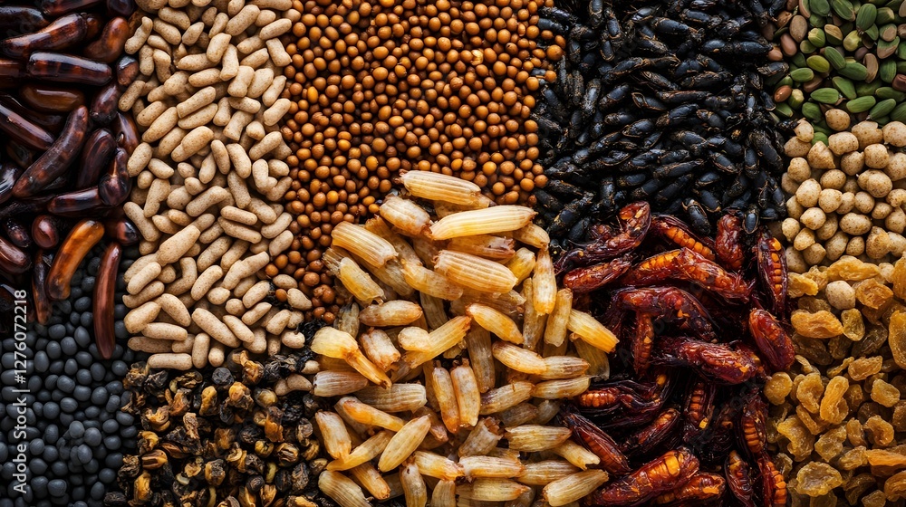 Obraz premium A vibrant assortment of various seeds, nuts, and dried fruits arranged in a colorful mosaic pattern