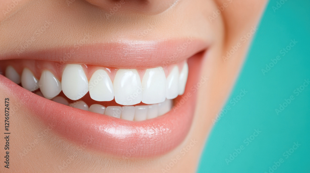 Fototapeta premium bright smile showcasing healthy, white teeth against teal background, reflecting confidence and good dental hygiene