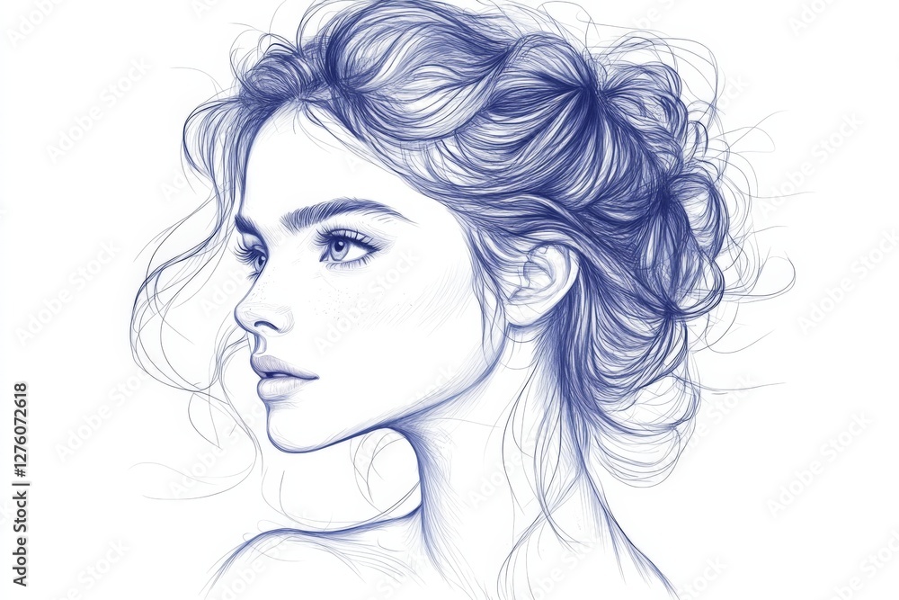 Intricate blue pencil sketch of a young woman with flowing hair showcasing expressive features Intricate blue pencil sketch of a young woman with flowing hair showcasing expressive features